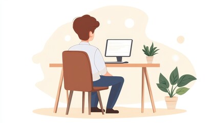 Young person working at a desk with a computer and plants in a cozy environment.