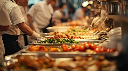 Obraz premium Kitchen Buffet with Dishes and Chefs in Action