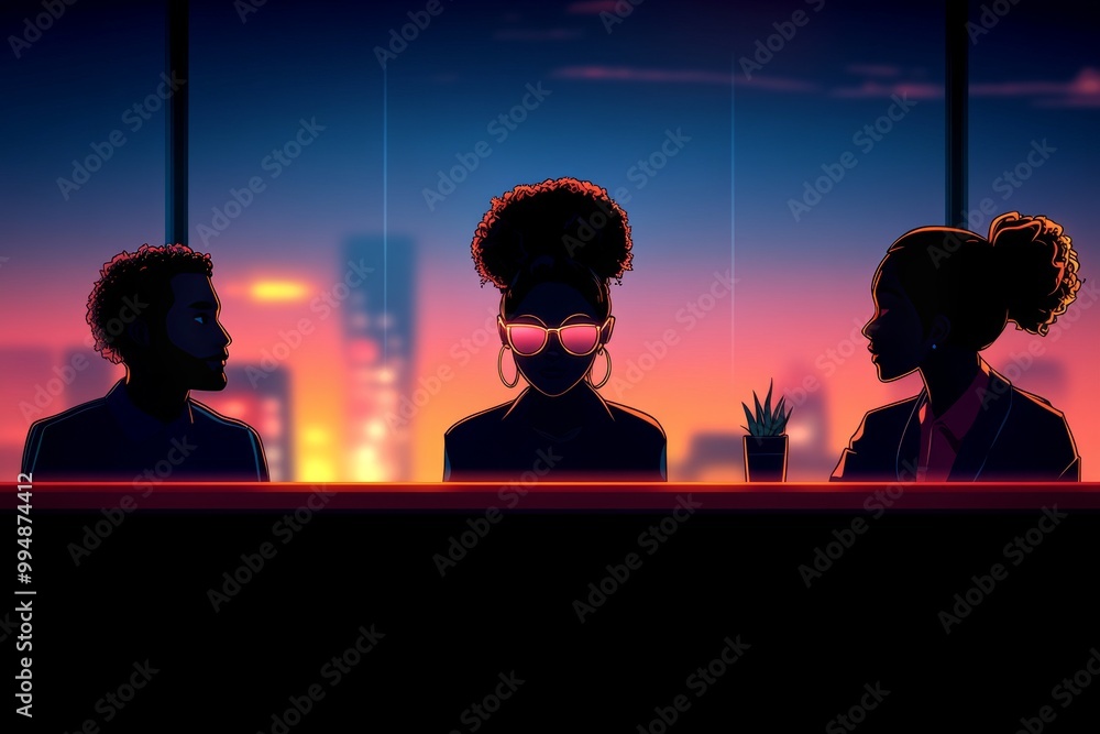 Poster group of three people in silhouette having a discussion against a backdrop of city lights symbolizin