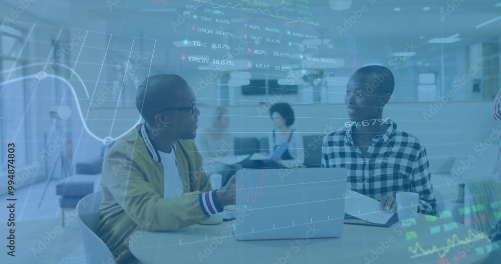 Aufkleber image of financial data processing over diverse colleagues discussing work in office