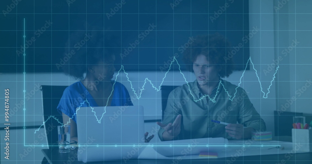 Poster image of financial data processing over diverse colleagues discussing work in office
