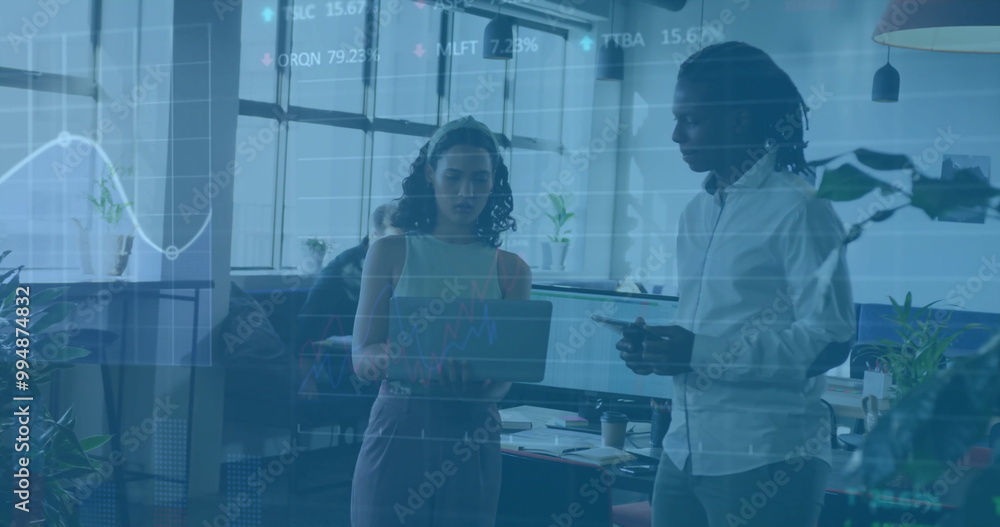 Poster image of financial data processing over diverse colleagues discussing work in office