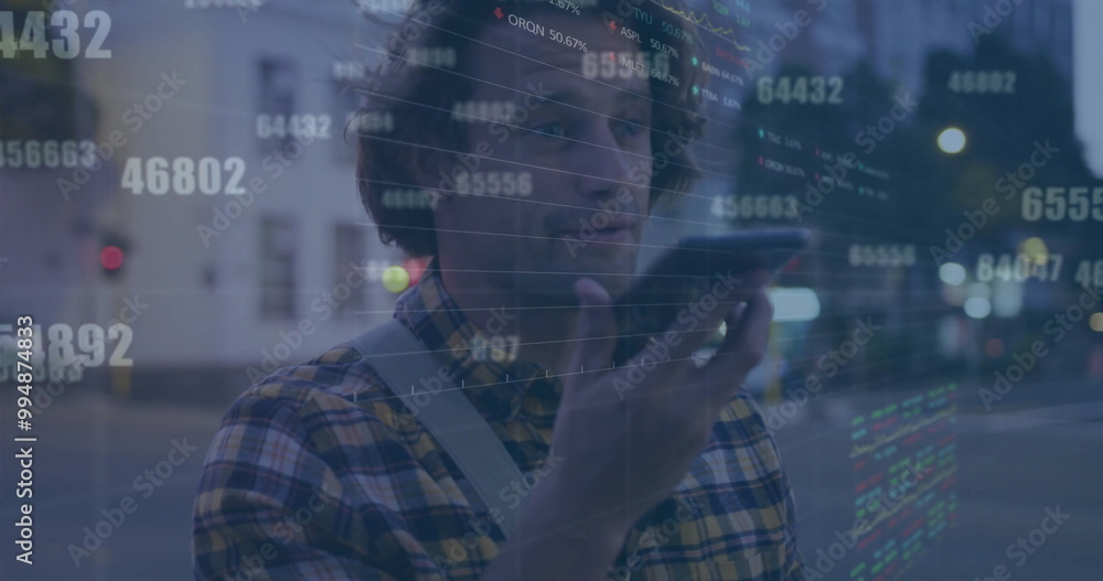 Poster image of financial data processing over caucasian man using smartphone in city