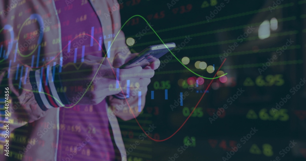 Poster image of financial data processing over caucasian man using smartphone in city