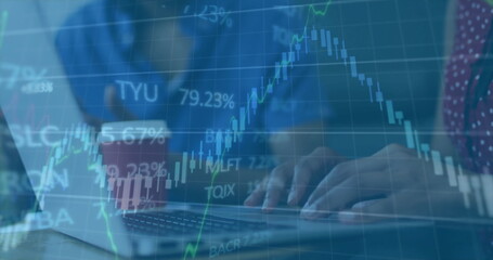 Image of financial data processing over diverse colleagues discussing work in office