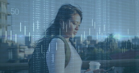 Image of financial data processing over biracial woman using smartphone in city