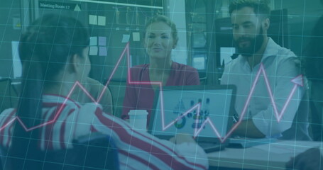 Image of financial data processing over diverse colleagues discussing work in office