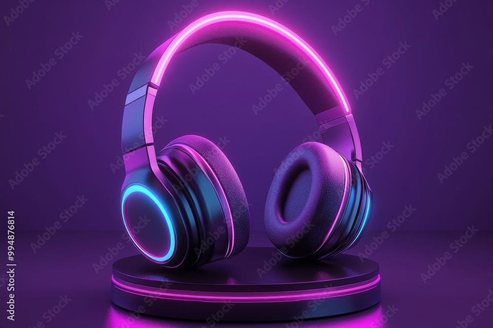 Poster neon pink and blue headphones resting on a circular glowing platform symbolizing modern sound techno