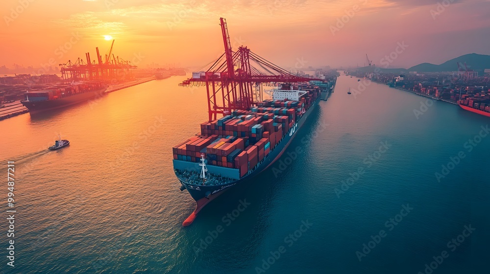 Wall mural cargo ship at sunset in harbor with crane