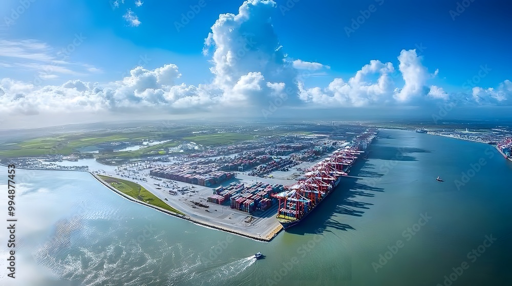 Poster aerial view of a busy container port with a ship docked