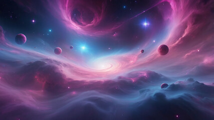 A mesmerizing space scene filled with vibrant purples blues and pinks swirling together in a cosmic nebula