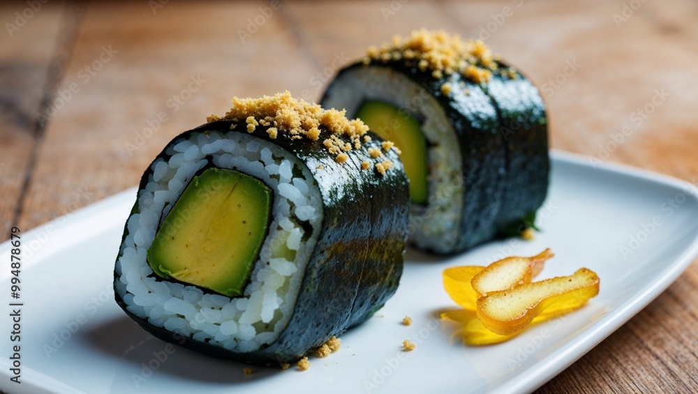 Canvas Prints Avocado sushi roll with pickled ginger closeup