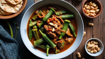 Chadian daraba okra and peanut stew with meat closeup