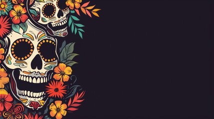 Colorful sugar skulls surrounded by vibrant flowers on a dark background.