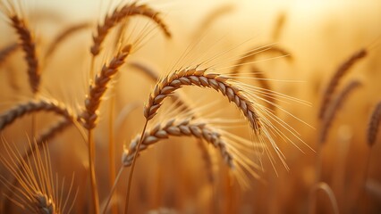 A detailed close-up of ripe golden wheat heads swaying gently in the breeze, ready for harvest. The...