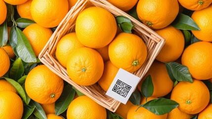 A vibrant basket of fresh, juicy oranges rests atop a bed of bright orange fruit, complemented by green leaves and a QR code label.