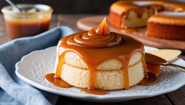 Colombian arequipe caramel spread on fluffy cake closeup