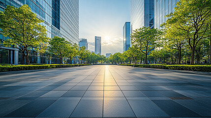 Fototapeta premium Empty square floor with modern office buildings and green trees in the city,