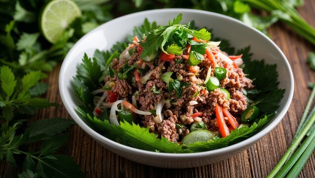 Laos larb minced meat salad with herbs closeup