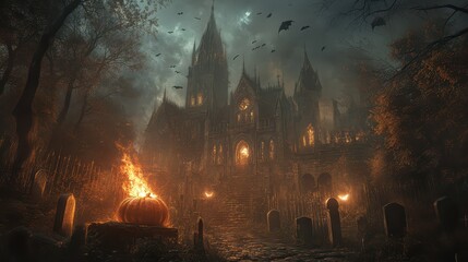 Eerie gothic castle illuminated by full moon, surrounded by dark, misty forest and graveyard, setting a perfect Halloween atmosphere.