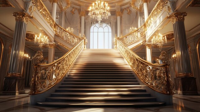 Elegant Royal Staircase with Golden Balustrades - Made with Generative AI