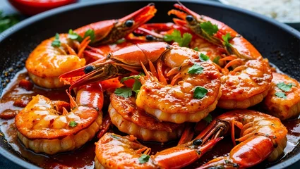 Poster Pantone 2022 very peri Mozambican peri peri prawns in spicy marinade closeup  © sevenSkies