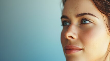 Fototapeta premium Close-Up of Woman with Freckles and Blue Eyes Looking Upward Against Blue Gradient Background