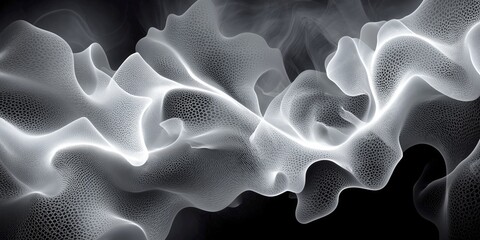 Fototapeta premium Abstract composition of sheer flowing subtly-patterned vapor in white on a black background