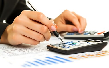 Businesswoman's Hands Holding Pen and Calculator with Financial Statements