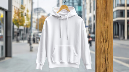 A white hoodie is displayed on a wooden hanger in an urban street setting, showcasing its trendy design against a blurred background.