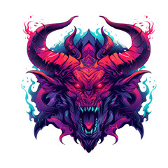 A fierce, neon-colored demon with horns and fangs, set against a background of swirling flames.