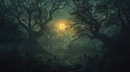 Eerie moonlit forest scene with gnarled trees and dense fog, creating a mysterious, haunting atmosphere under the full moon.