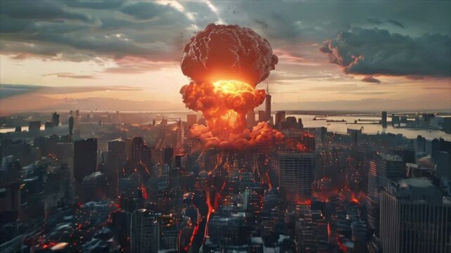 Nuclear explosion in a big city. Fire mushroom cloud, atomic bomb blast. Apocalypse and world war