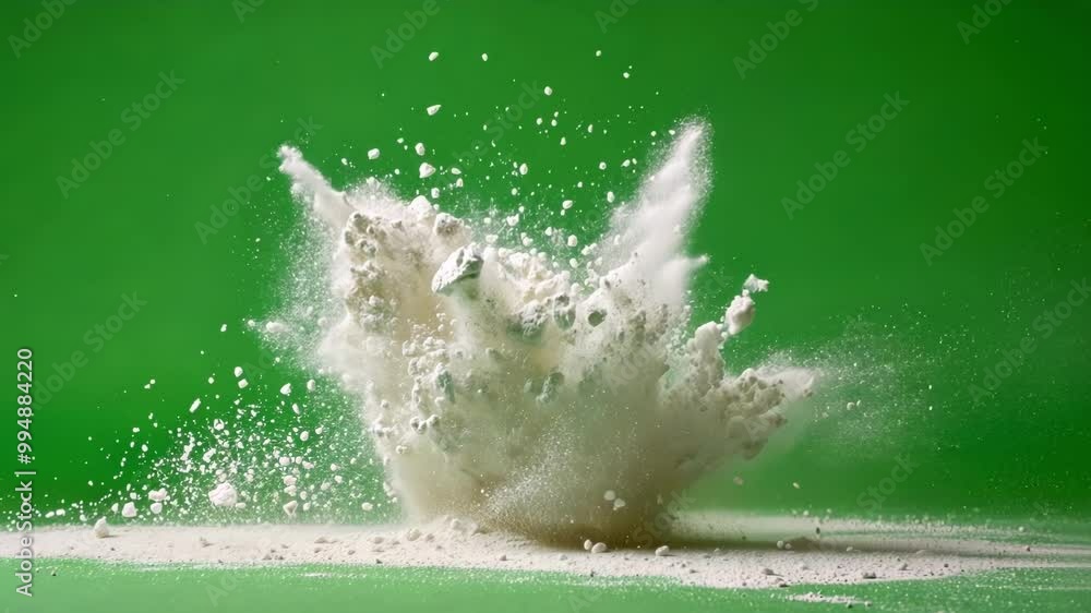 Poster cloud of white powder exploding on a green screen, perfect for compositing in post production. this 