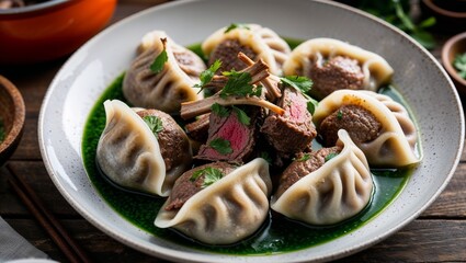 Turkmen manty steamed dumplings with lamb closeup