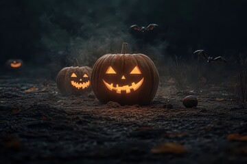 Glowing jack-o'-lanterns with carved spooky faces illuminating the dark night, creating a Halloween atmosphere.