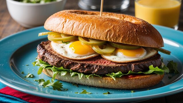 Uruguayan chivito steak sandwich with eggs and cheese closeup