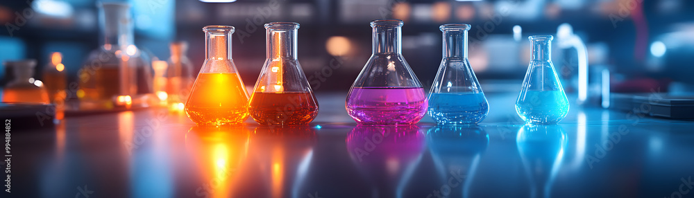 Poster a row of colorful beakers on a table