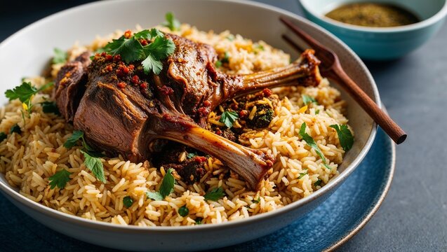 Yemeni mandi rice with slow cooked lamb and spices closeup