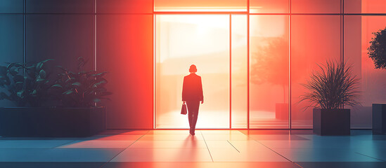 A man walks out of a building with a briefcase