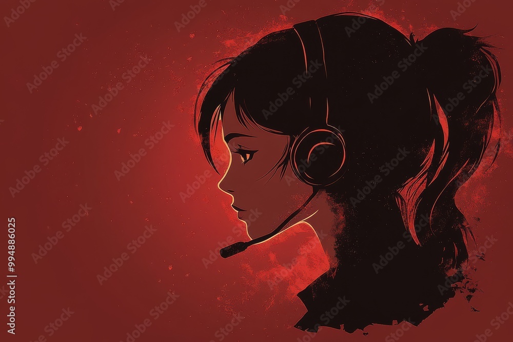 Poster stylized profile of a woman with a headset against a deep red background evoking focus communication