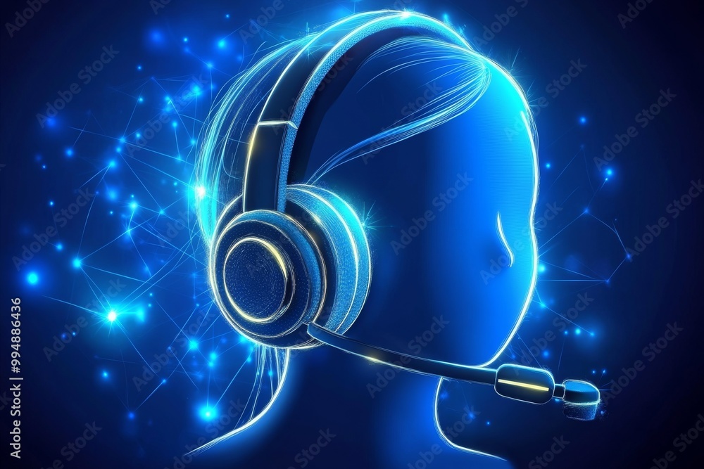 Poster blue digital headset wrapped around a glowing 3d model of a head symbolizing immersive sound virtual