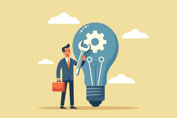 Obraz premium People who have ideas and try to perfect their ideas are symbolized by wrenches and burning lights
