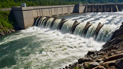 Hydroelectric dam with rushing water