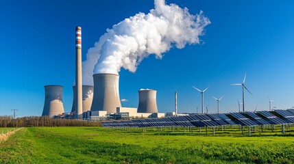 A power plant emitting steam alongside wind turbines and solar panels, highlighting a blend of energy sources in a clear blue sky with green fields.