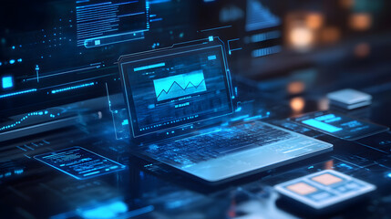 A computer monitor displays a laptop with a mountain range on the screen
