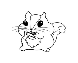 ヒマワリの種を食べるコミカルなリスの白黒イラスト