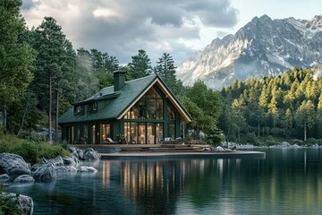 Fototapeta premium luxury classic dark green chalet house in the edge of clear lake 