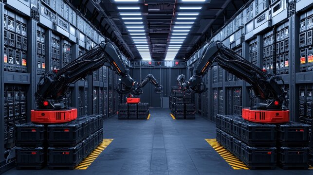 A futuristic warehouse featuring robotic arms working between high-tech storage units, showcasing automation and advanced technology in logistics. - Powered by Adobe