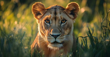 A lion is looking at the camera in a grassy field